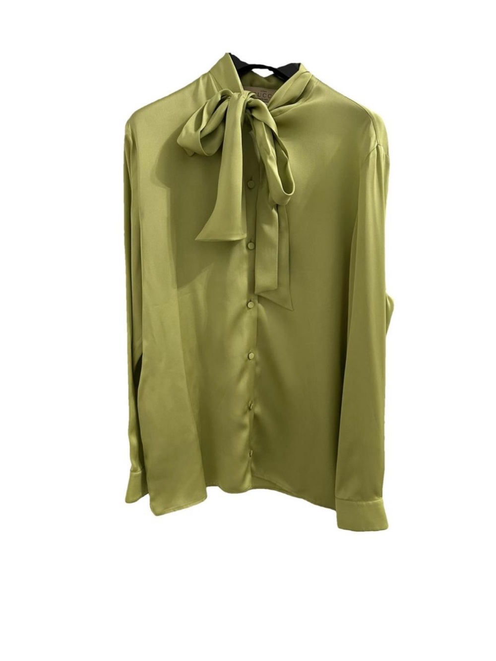 Gucci Uniform 100% Silk Bow Blouse Green 38-S Made in Bulgaria